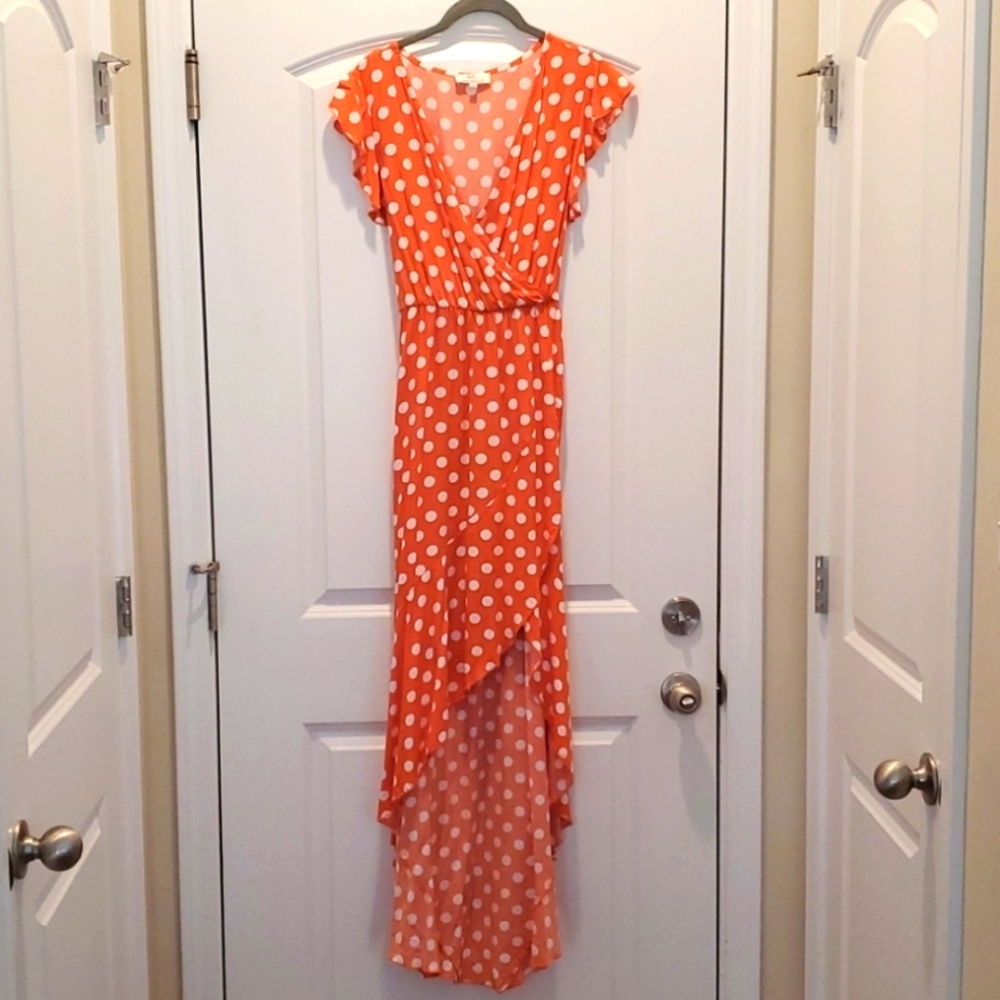 High low maxi dress, size medium, orange/white polkadot